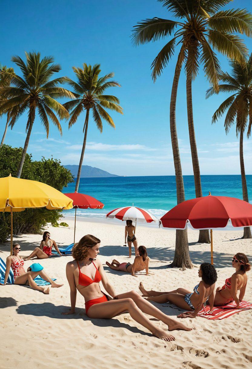 A split-image scene showcasing the evolution of swimwear through the ages, featuring a vintage beach setting with women in 1920s swimsuits on one side and modern, stylish swimwear on the other. In the background, a transition to digital screens displaying iconic moments in adult entertainment history, surrounded by beach elements like palm trees and waves. The color palette should be vibrant, enhancing the contrast between the eras. super-realistic. vibrant colors. 3D.
